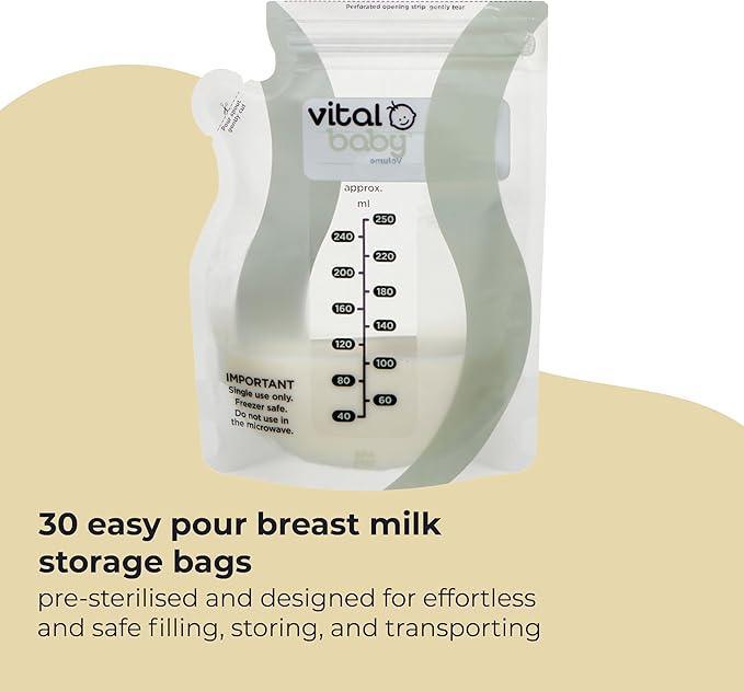 Vital Baby Nurture Easy Pour Breast Milk Storage Bags 250ml 30pk – Breastmilk Collection Pouches - Non - Spill & Leakproof with Hygiene Spout - BPA, Phthalate & Latex Free - Store in Fridge or Freezer - Adenzo Comfies
