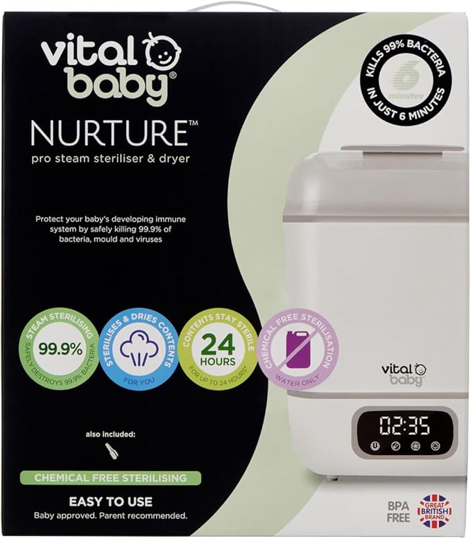 Vital Baby Nurture Pro Steam Steriliser & dryer - Kills 99.9% of Bacteria & Viruses in 6 Minutes - Chemical Free Sterilising - Grey