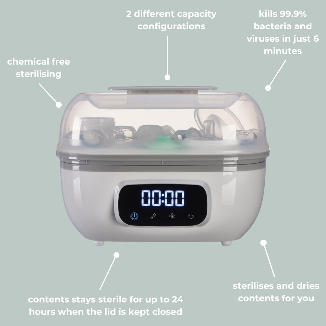Vital Baby Nurture Pro Steam Steriliser & dryer - Kills 99.9% of Bacteria & Viruses in 6 Minutes - Chemical Free Sterilising - Grey