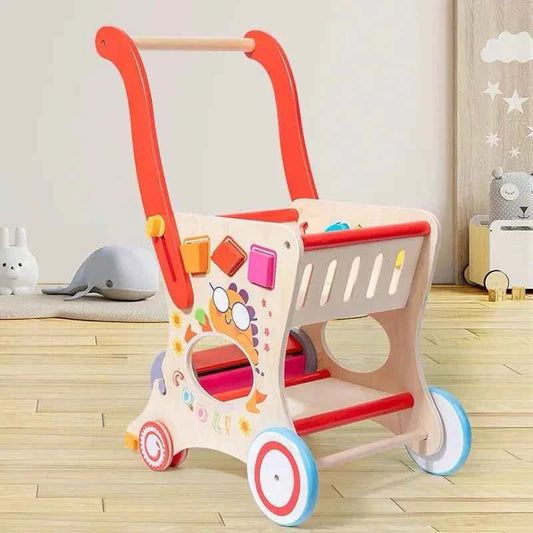 Wooden Multifunctional Shopping Cart – Pretend Play, Shape Sorting and Toy Storage for Toddlers and Preschoolers - Adenzo Comfies