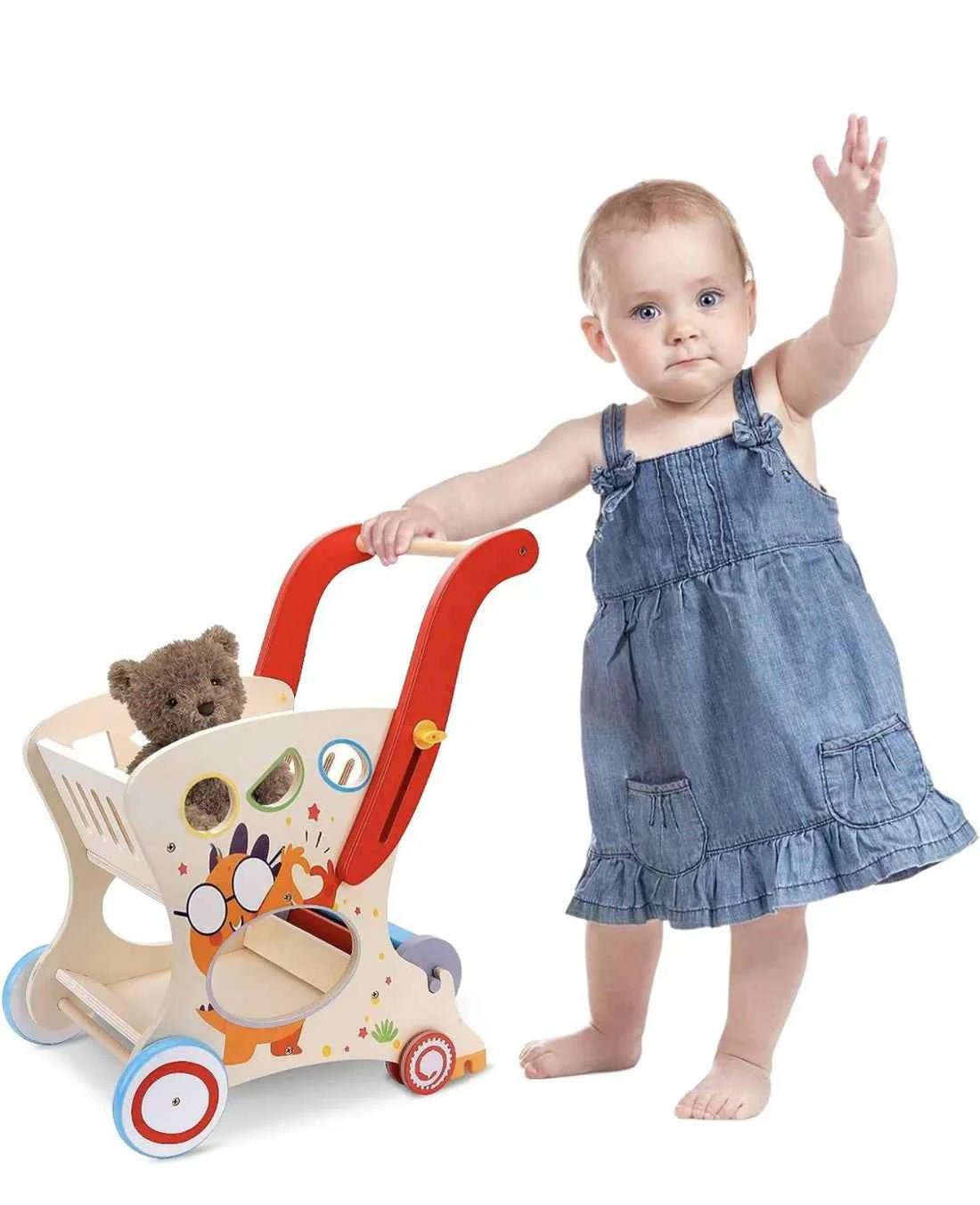 Wooden Multifunctional Shopping Cart – Pretend Play, Shape Sorting and Toy Storage for Toddlers and Preschoolers - Adenzo Comfies