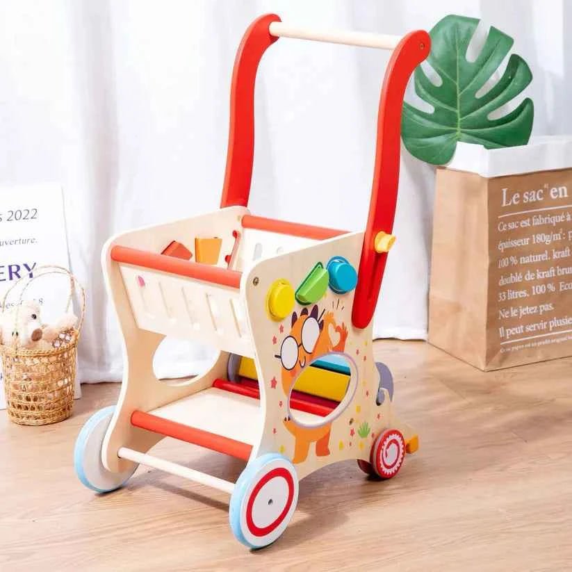 Wooden Multifunctional Shopping Cart – Pretend Play, Shape Sorting and Toy Storage for Toddlers and Preschoolers - Adenzo Comfies