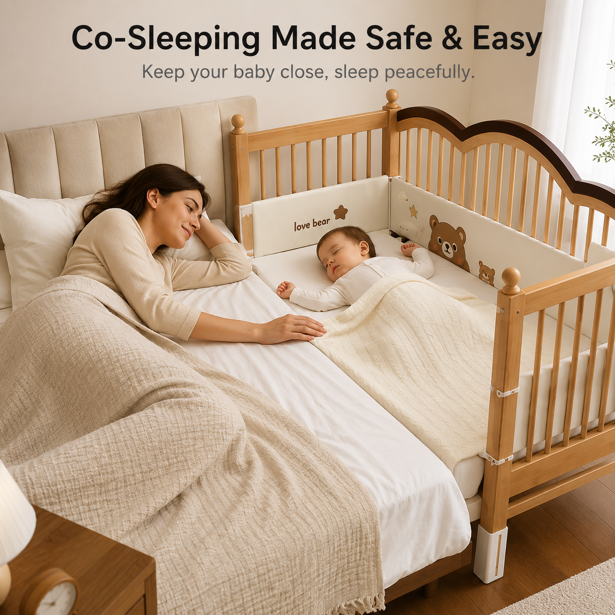 Walnut Wood Children's Interlocking Bed, Solid Wood Baby Bed, Large Bed With Adjustable Guardrails, Widened Legs, Baby Bed For bed Bumpers or Other Mattress Styles