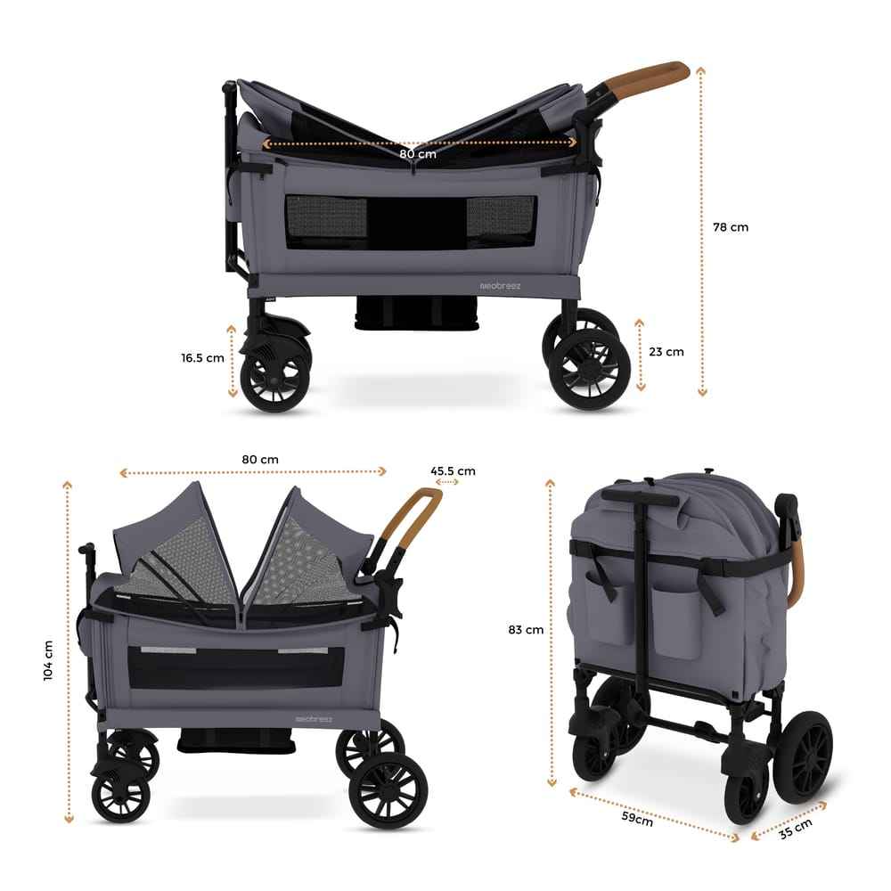 Neobreez ADVI Wagon Cargo Push Pull Foldable Stroller For 2 Kids, UV&Waterproof Removable Canopy,Gift&String Bag,Phone Holder,2in1 Cup Holder,Toy Strap,Reflective Stickers,6m to 4yrs,44kg.