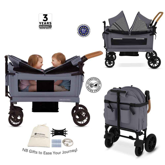 Neobreez ADVI Wagon Cargo Push Pull Foldable Stroller For 2 Kids, UV&Waterproof Removable Canopy,Gift&String Bag,Phone Holder,2in1 Cup Holder,Toy Strap,Reflective Stickers,6m to 4yrs,44kg.