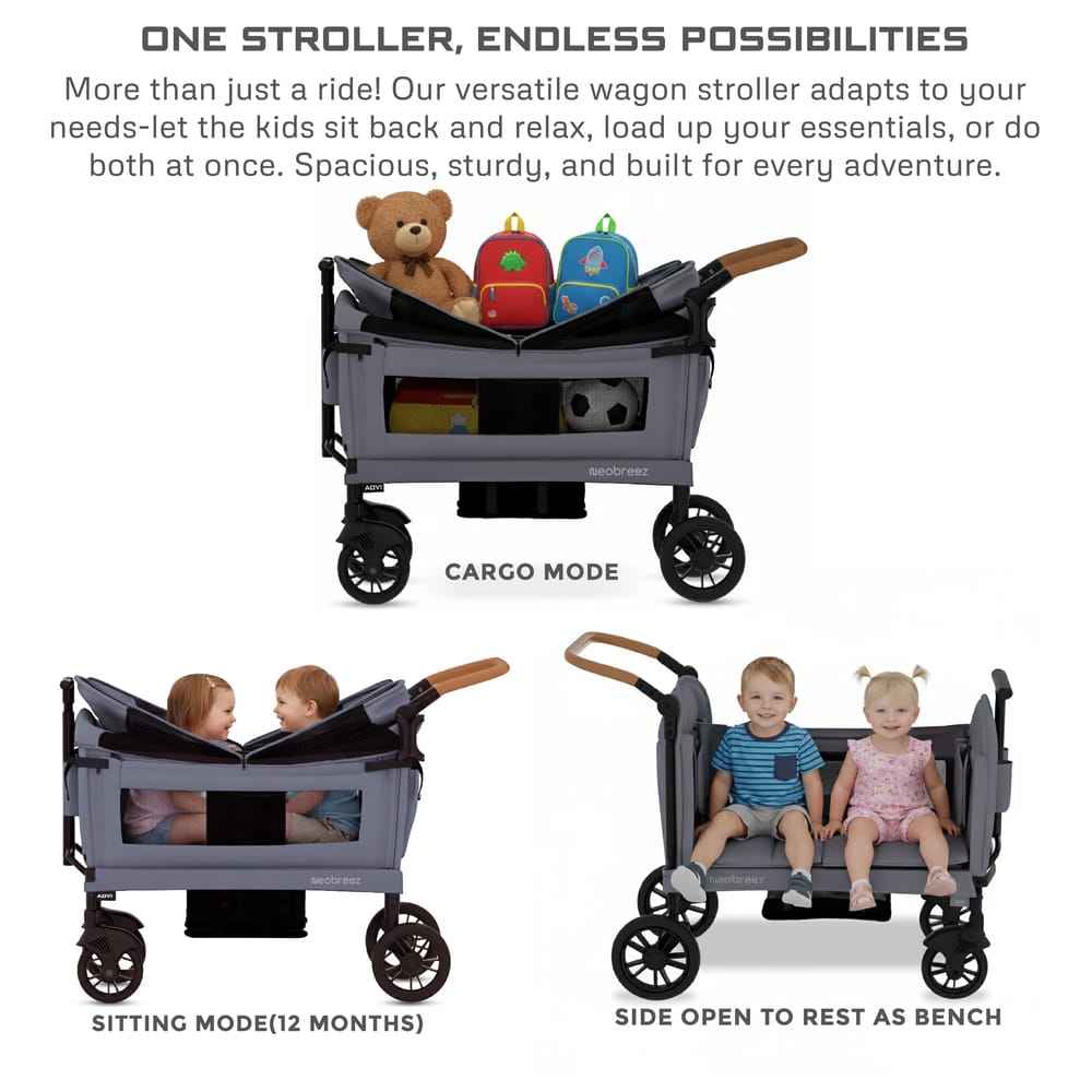 Neobreez ADVI Wagon Cargo Push Pull Foldable Stroller For 2 Kids, UV&Waterproof Removable Canopy,Gift&String Bag,Phone Holder,2in1 Cup Holder,Toy Strap,Reflective Stickers,6m to 4yrs,44kg.