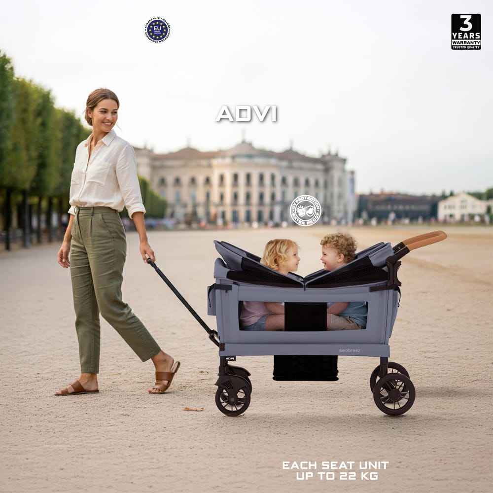 Neobreez ADVI Wagon Cargo Push Pull Foldable Stroller For 2 Kids, UV&Waterproof Removable Canopy,Gift&String Bag,Phone Holder,2in1 Cup Holder,Toy Strap,Reflective Stickers,6m to 4yrs,44kg.