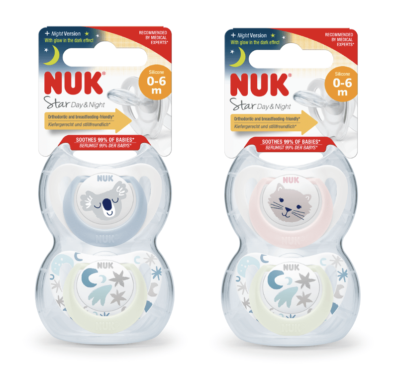 NUK Star Night & Day Baby Pacifier, 18 - 36 Months, Glow in the Dark Pacifiers, BPA - Free Silicone, 2 - Piece - Adenzo Comfies