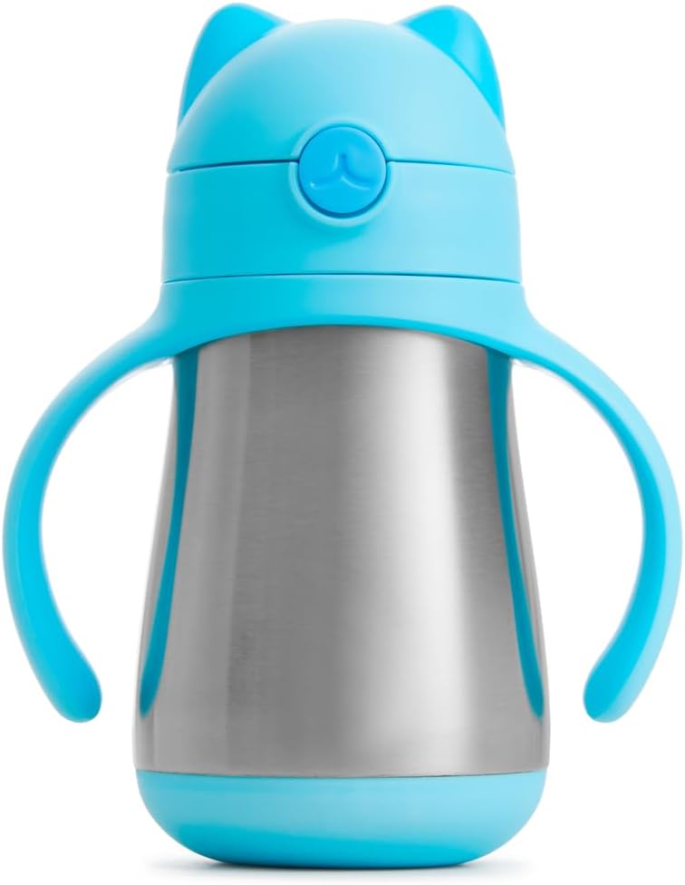 Munchkin Stainless Steel Straw Cup, Cool Cat Design, Insulated Double Walled Beaker for Kids, Toddler Sippy Cup for Babies 18+ Months, Drinking Bottle with Straw, Hot/Cold Drinks (8oz/237ml) - Adenzo Comfies