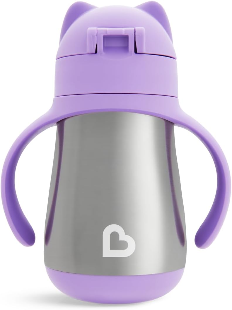 Munchkin Stainless Steel Straw Cup, Cool Cat Design, Insulated Double Walled Beaker for Kids, Toddler Sippy Cup for Babies 18+ Months, Drinking Bottle with Straw, Hot/Cold Drinks (8oz/237ml) - Adenzo Comfies