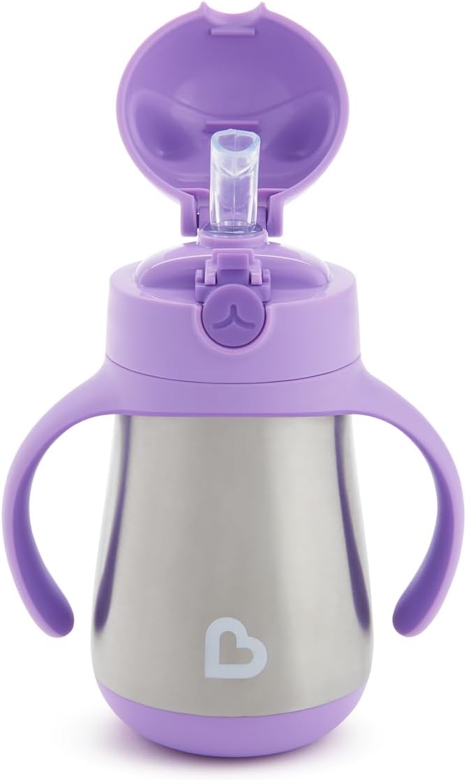 Munchkin Stainless Steel Straw Cup, Cool Cat Design, Insulated Double Walled Beaker for Kids, Toddler Sippy Cup for Babies 18+ Months, Drinking Bottle with Straw, Hot/Cold Drinks (8oz/237ml) - Adenzo Comfies