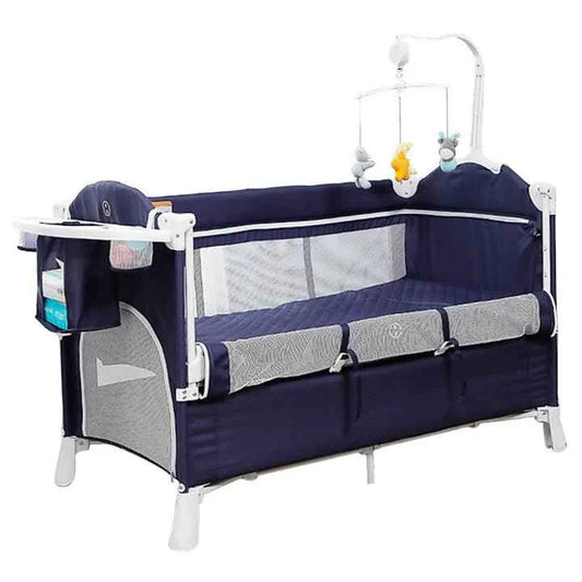 5-in-1 Baby Bassinet Bedside Sleeper & Playard with Changing Table – Rocking Crib, Mesh Sides, Music Box, Mosquito Net, Storage & Travel-Friendly Design