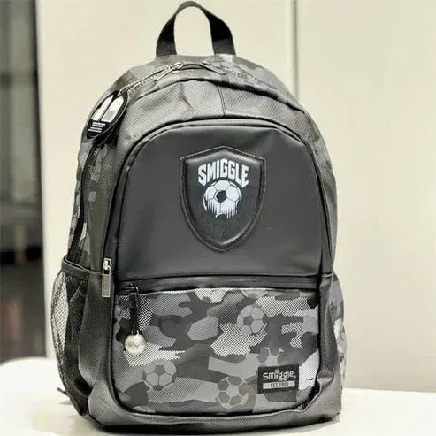 Smiggle 16 - Inch Premium Black Football Backpack for Kids – Durable School & Travel Backpack with Padded Straps and Sports Design - Adenzo Comfies