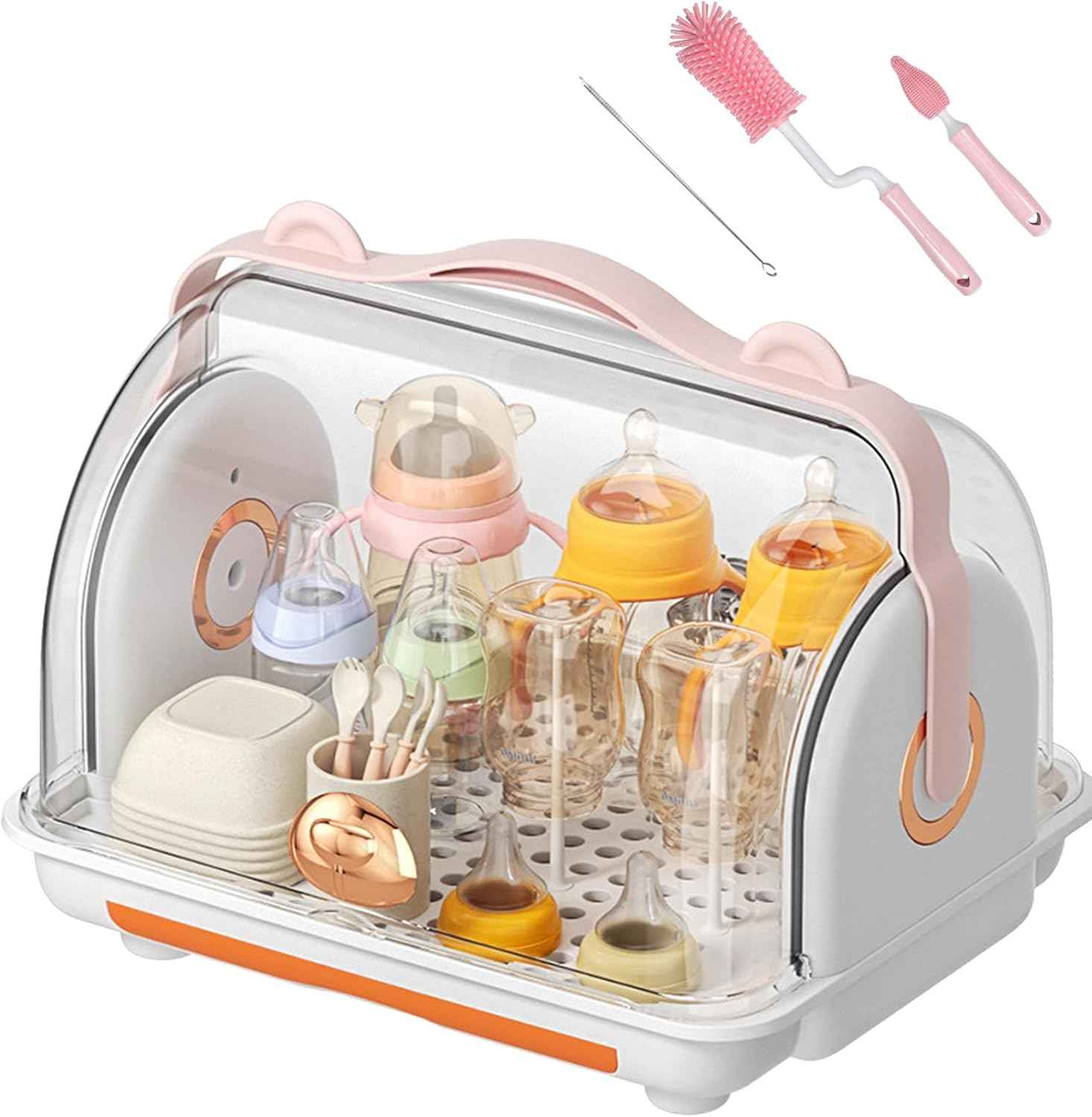 Baby Bottle and Accessories Storage Organizer – Portable Drying Rack with 6 Bottle Holders, 4 Teat Holders, Removable PP Cover & Multipurpose Storage