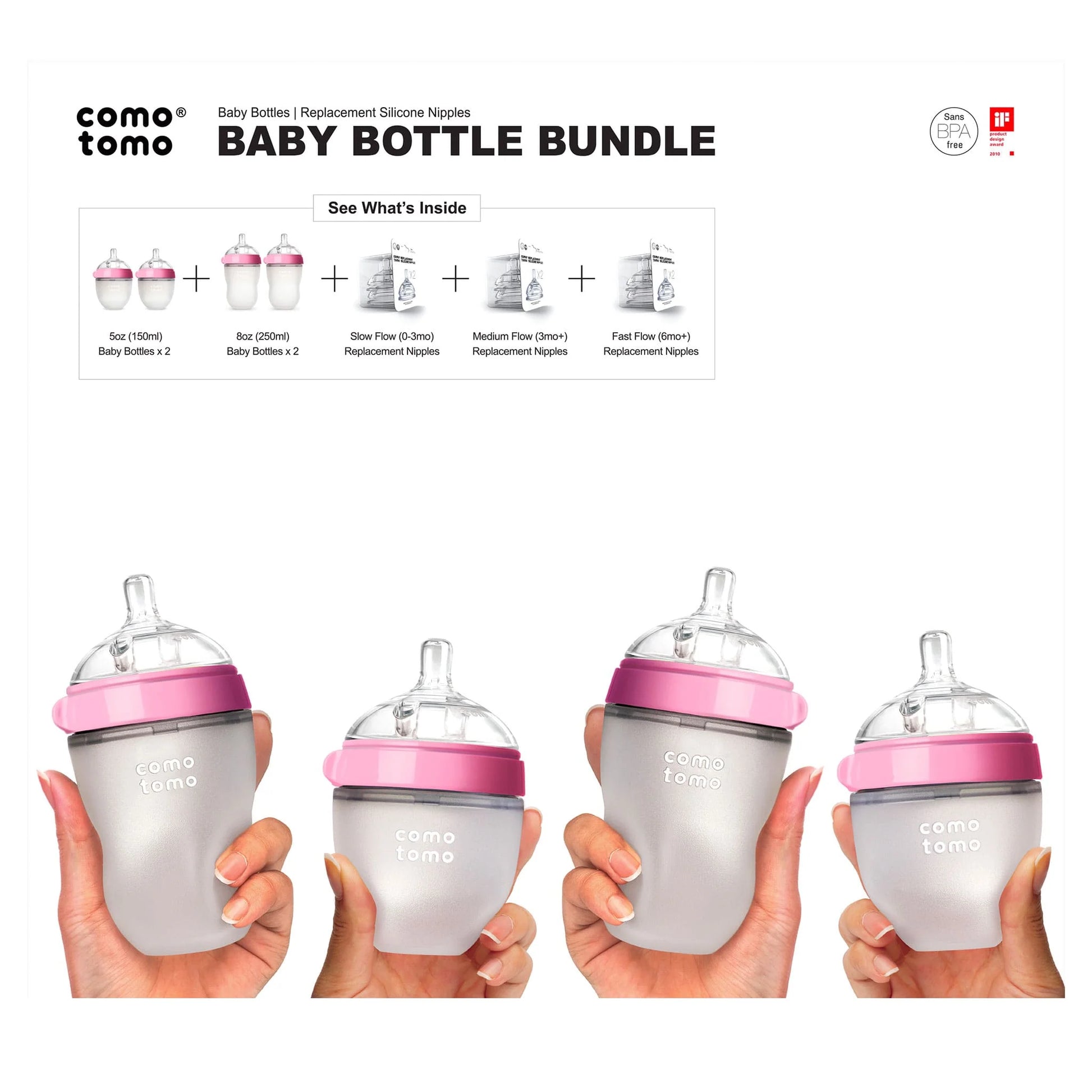 Comotomo Baby Bottle Bundle With 2x150ml Bottles, 2x250ml Bottles, and 3 Pairs of Teats-0-3m, 3m+, 6m+ (7 Piece Set) - Adenzo Comfies