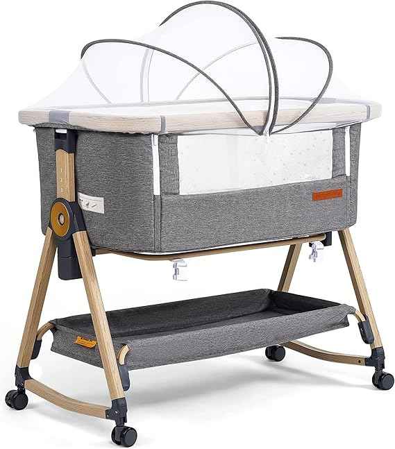 Playkids 3 - in - 1 Baby Bedside Crib with Mattress & Wheels | Adjustable Baby Cot with Mosquito Net, Storage Basket & Travel Bag - Adenzo Comfies