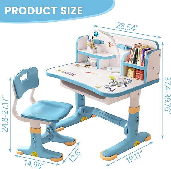 Kids Height Adjustable Study Desk and Chair Set with Drawer – Ergonomic School Table, Widened Desktop, Anti - Slip Legs, Cartoon Design - Adenzo Comfies
