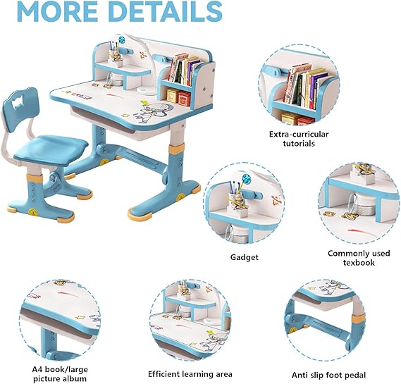 Kids Height Adjustable Study Desk and Chair Set with Drawer – Ergonomic School Table, Widened Desktop, Anti - Slip Legs, Cartoon Design - Adenzo Comfies