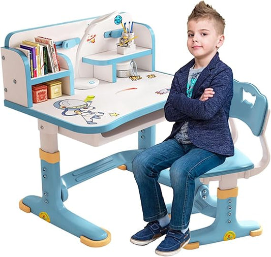 Kids Height Adjustable Study Desk and Chair Set with Drawer – Ergonomic School Table, Widened Desktop, Anti - Slip Legs, Cartoon Design - Adenzo Comfies