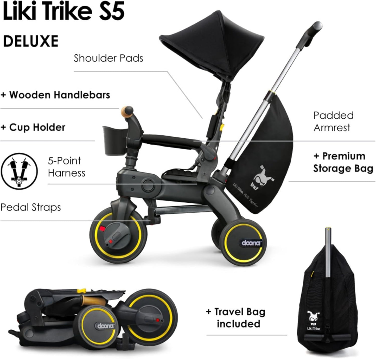 Doona Liki Trike S5 - Premium Foldable Trike for Toddlers, Kids/Baby Tricycle Stroller with Cushion Seat, UPF 50+ Sun Protection & Harness, Parental Control, Ages 10 Months to 3 Years, Midnight,Black - Adenzo Comfies