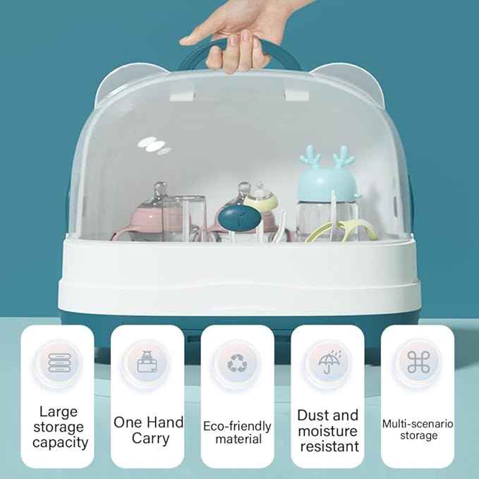Baby Bottle Drying Rack with Dustproof Cover – Large Capacity Storage Organizer with Drainage Tray & 3 Bottle Holders, BPA-Free Baby Bottle Drying Station
