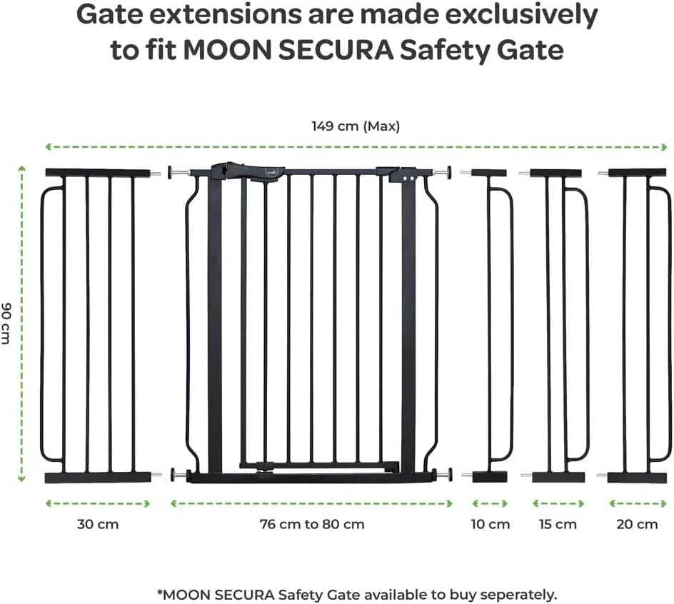 The Moon Brand Secura Baby Safety gate extension - Easy Install - Extra Wide metal extender - Child safety and pet protection - Perfect fit, durable and adjustable width - Ideal for stair Case – Black - Adenzo Comfies