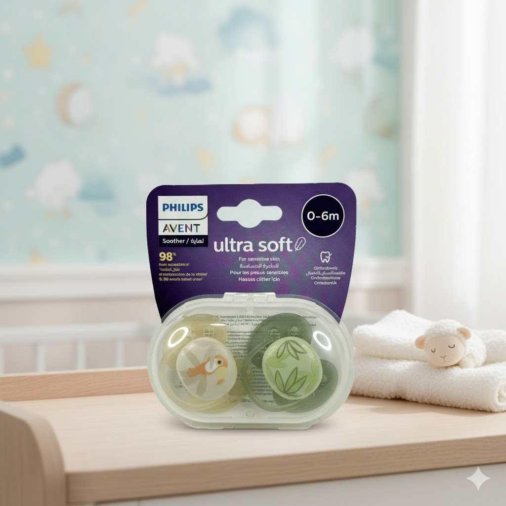 Philips Avent Ultra Soft Soother - 2 x Soft and Flexible Baby Soothers for Babies Aged 0‑6 Months, BPA-Free with Steriliser Carry Case (Model SCF091/07)