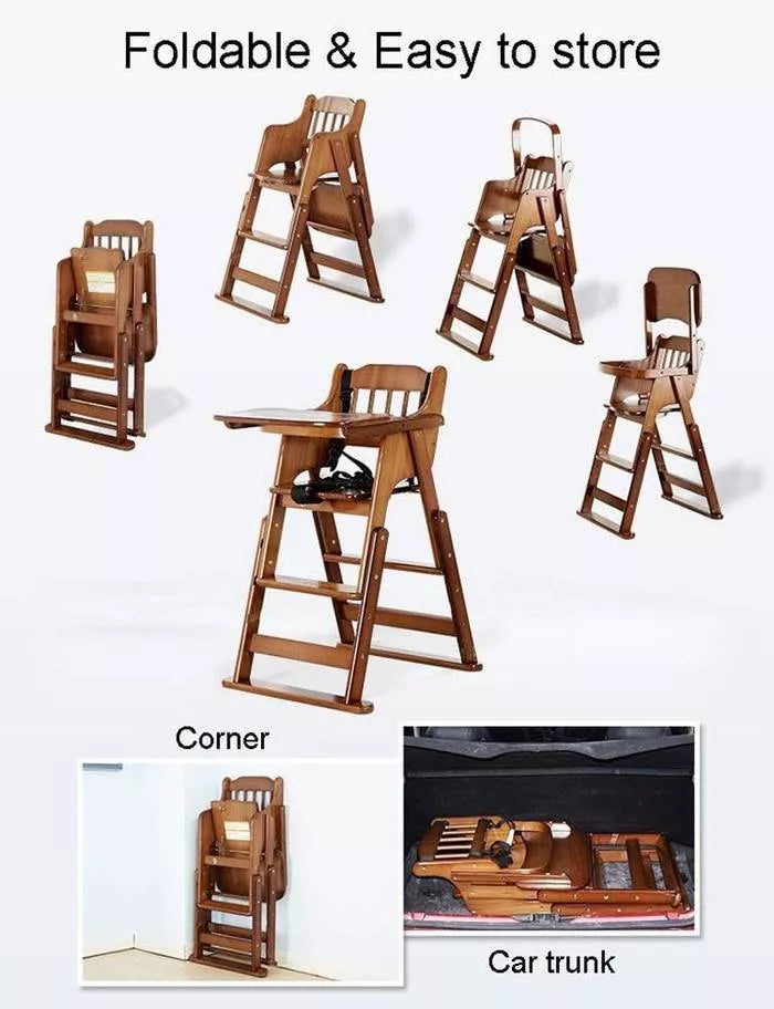 Adjustable & Foldable Wooden High Chair and Tray, Highchair for Babies and Toddlers Dining
