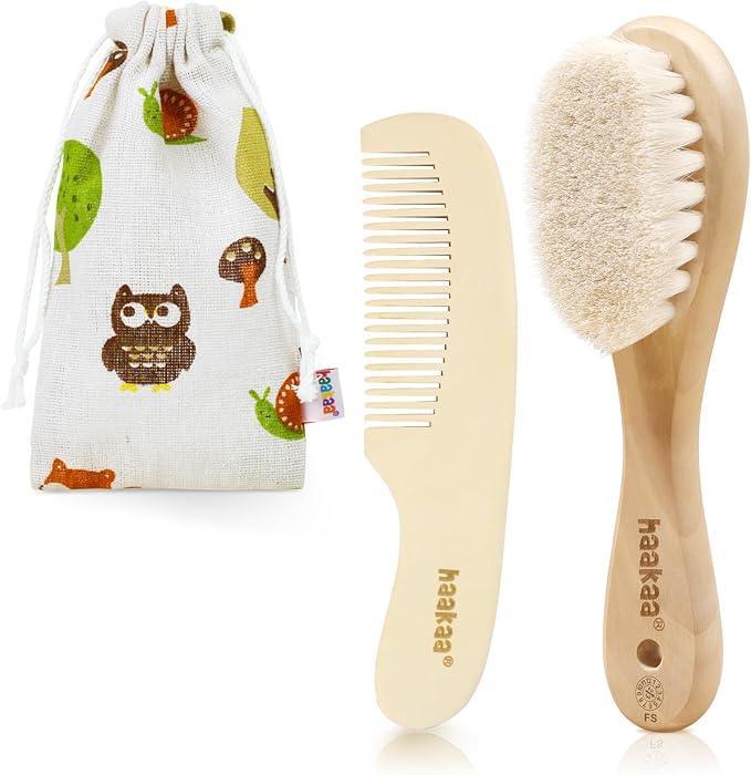 haakaa Baby Hair Brush and Comb Set for Newborns & Toddlers - Natural Soft Goat Bristles and Wooden Handle, Gently Grooms Baby's Hair, Ideal for Cradle Cap, Perfect Baby Gift, 2pk - Adenzo Comfies