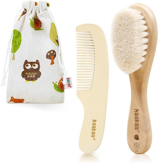 haakaa Baby Hair Brush and Comb Set for Newborns & Toddlers - Natural Soft Goat Bristles and Wooden Handle, Gently Grooms Baby's Hair, Ideal for Cradle Cap, Perfect Baby Gift, 2pk - Adenzo Comfies