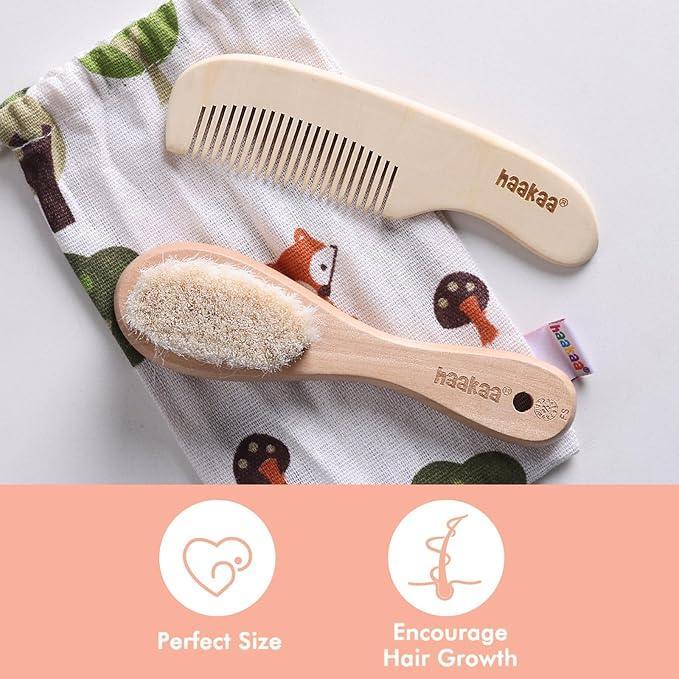 haakaa Baby Hair Brush and Comb Set for Newborns & Toddlers - Natural Soft Goat Bristles and Wooden Handle, Gently Grooms Baby's Hair, Ideal for Cradle Cap, Perfect Baby Gift, 2pk - Adenzo Comfies