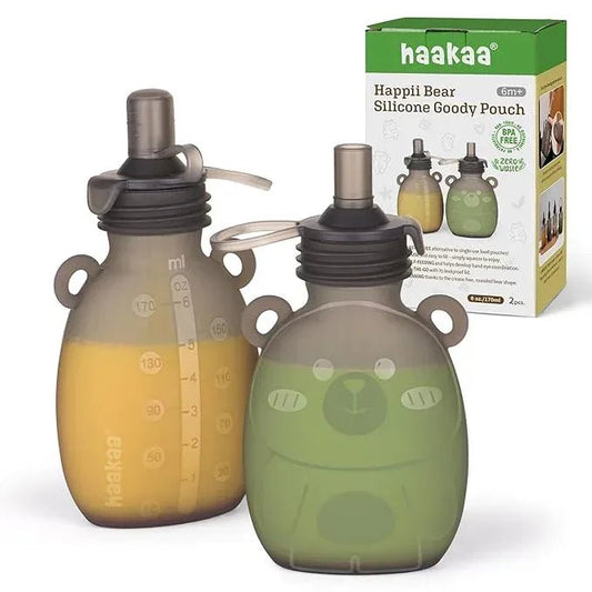 haakaa Happii Bear Silicone Goody Pouch,Reusable Baby Food Pouches for Homemade Organic Purees, Juices, Smoothies, and Yogurt - Perfect for Toddlers and Kids - 1 Pack, 6oz - Adenzo Comfies