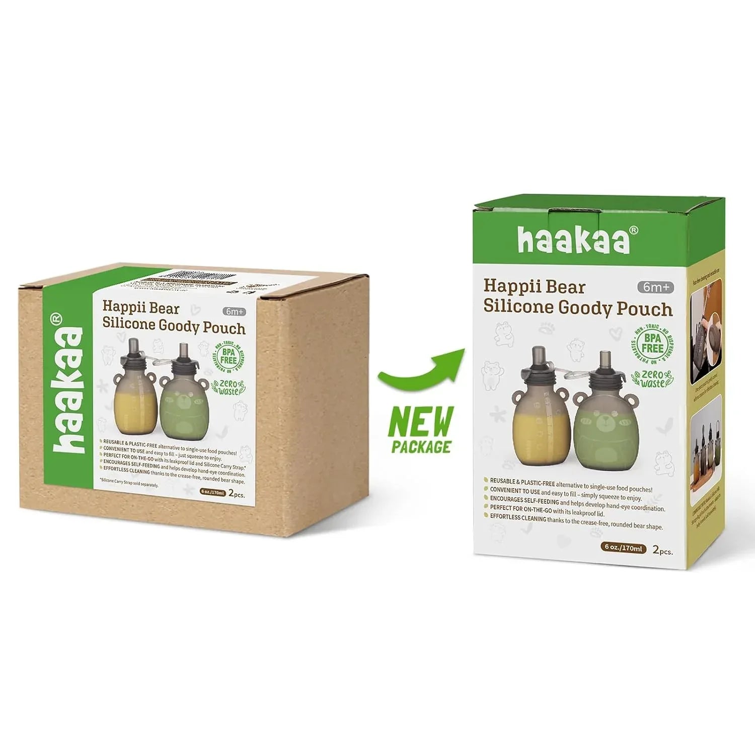 haakaa Happii Bear Silicone Goody Pouch,Reusable Baby Food Pouches for Homemade Organic Purees, Juices, Smoothies, and Yogurt - Perfect for Toddlers and Kids - 1 Pack, 6oz - Adenzo Comfies