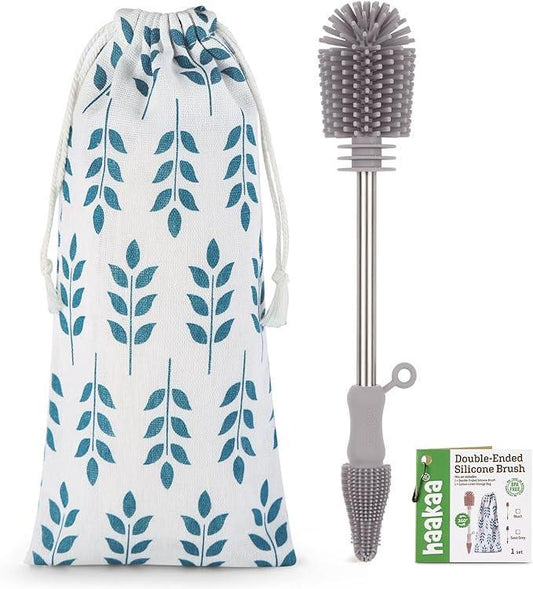 Haakaa Silicone Cleaning Brush Kit - Baby Bottle Brush Scrubber for Breast Pump,Nipple,Breastmilk Storage Bag,Reusable Straws,Sippy Cup Soft Food Grade Silicone Bristle Portable - 1pk Grey - Adenzo Comfies