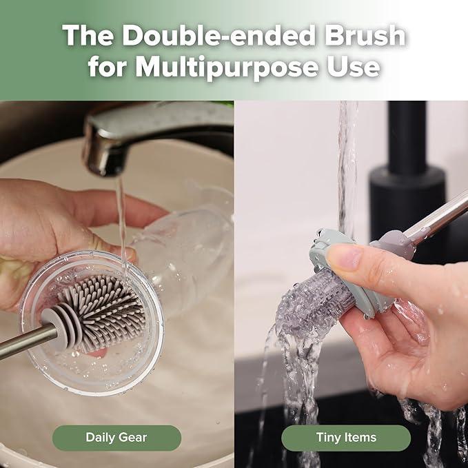 Haakaa Silicone Cleaning Brush Kit - Baby Bottle Brush Scrubber for Breast Pump,Nipple,Breastmilk Storage Bag,Reusable Straws,Sippy Cup Soft Food Grade Silicone Bristle Portable - 1pk Grey - Adenzo Comfies