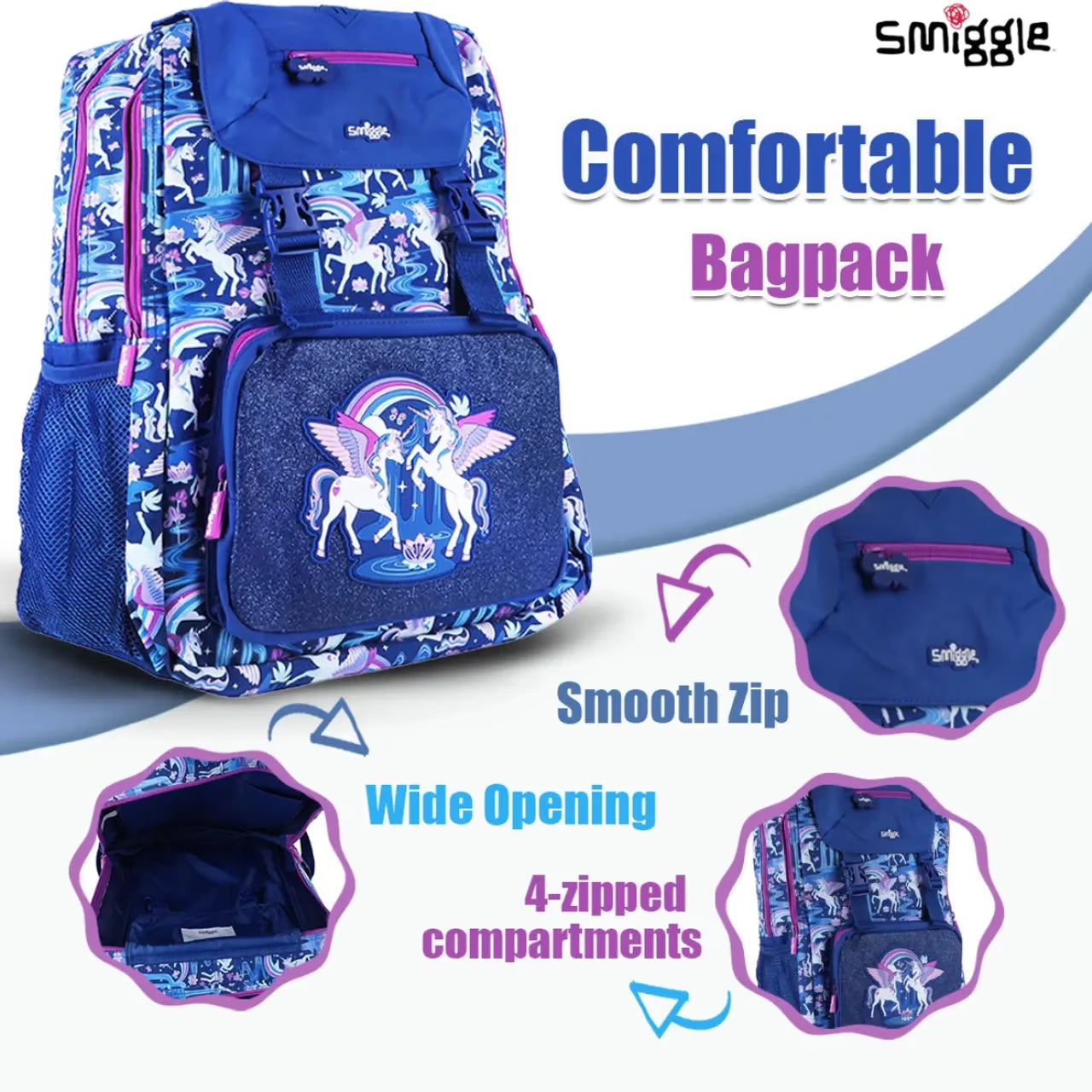 Smiggle Away Foldover Backpack Navy, 3Y+.