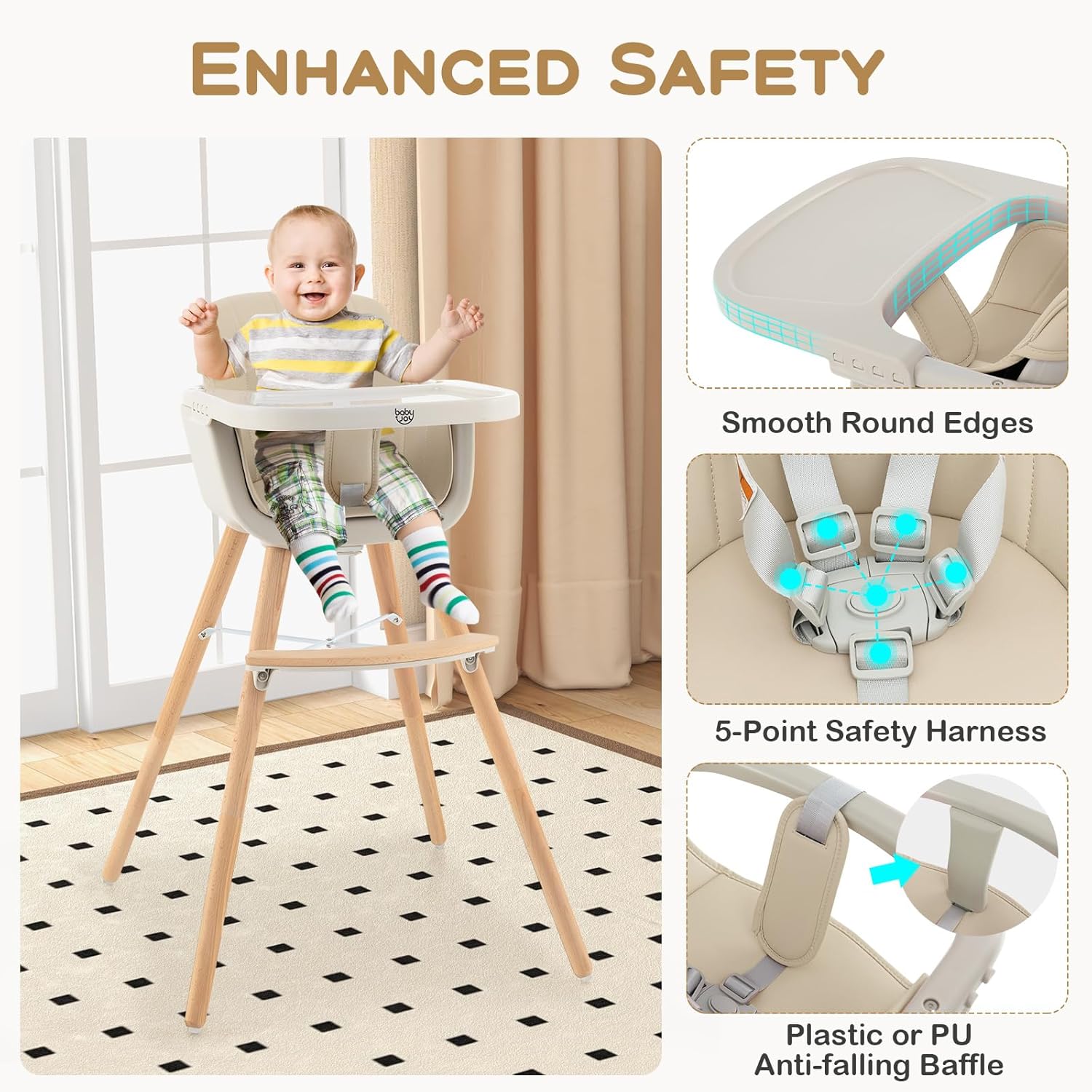 3 - in - 1 Convertible Baby High Chair – Adjustable Feeding Chair to Toddler Seat & Stool, 5 - Point Harness, Wooden Legs - Adenzo Comfies