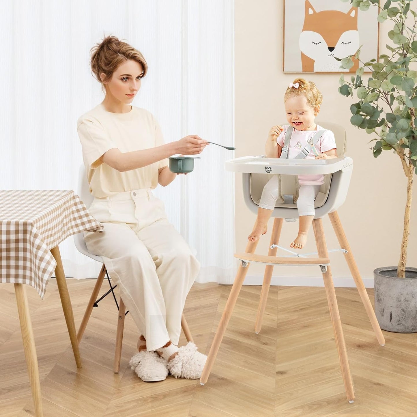 3 - in - 1 Convertible Baby High Chair – Adjustable Feeding Chair to Toddler Seat & Stool, 5 - Point Harness, Wooden Legs - Adenzo Comfies