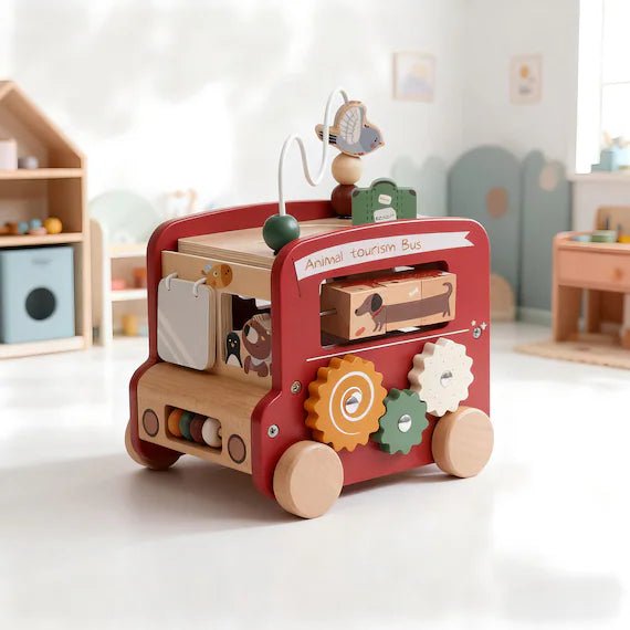 Wooden Activity Cube - 8 in 1 Activity Cube with Animal Tourism Bus Theme | Montessori Toys for 1 Year Old Boys Girls, Multipurpose Educational Toys for Toddlers and Kids . - Adenzo Comfies