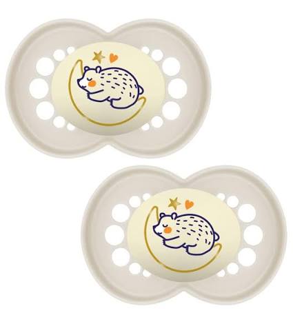 MAM Original Pure Night Soother 6+ Months (Set of 2) Sustainable and Bio-Renewable Baby Soother SkinSoft Silicone Teat Glow in the Dark Soother Cream - Adenzo Comfies