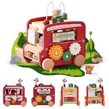 Wooden Activity Cube - 8 in 1 Activity Cube with Animal Tourism Bus Theme | Montessori Toys for 1 Year Old Boys Girls, Multipurpose Educational Toys for Toddlers and Kids . - Adenzo Comfies