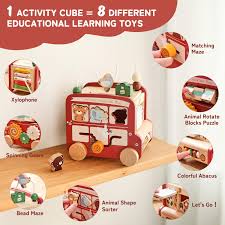 Wooden Activity Cube - 8 in 1 Activity Cube with Animal Tourism Bus Theme | Montessori Toys for 1 Year Old Boys Girls, Multipurpose Educational Toys for Toddlers and Kids . - Adenzo Comfies