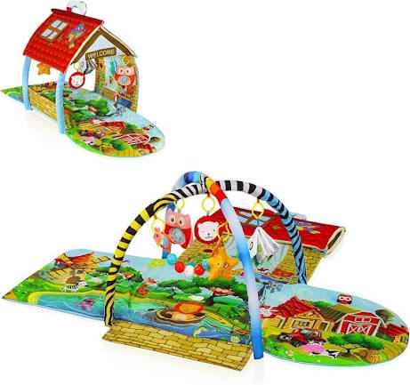 LIONELO Agnes Plus 2-in-1 Baby Mat with a House, Rattles Toys and Teething Rings Included, Soft Colourful and Durable Materials, Large Size.