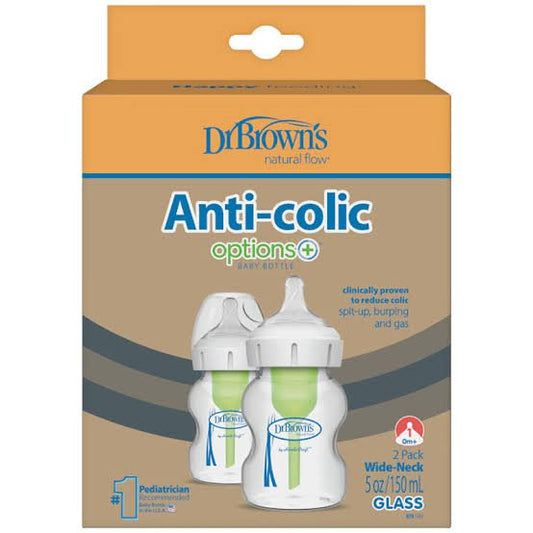 Dr. Brown’s Options+ Glass Baby Bottles – 150ml, Pack of 2, Wide‑Neck Anti‑Colic Vent System, BPA‑Free Silicone Teat - Adenzo Comfies
