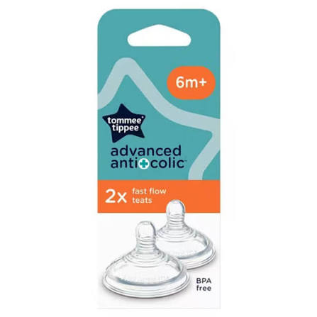 Tommee Tippee Advanced Drip Free Baby Bottle Teats, Fast Flow, 6+ Months, Breast Like for Natural Support, Anti-Colic Valve, Soft Silicone (Pack of 2).