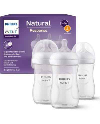 Philips Avent Natural Response Baby Bottle - 3 x 260ml Baby Milk Bottle for Newborns and Up, BPA Free, 3+ Months (Model SCY903/03