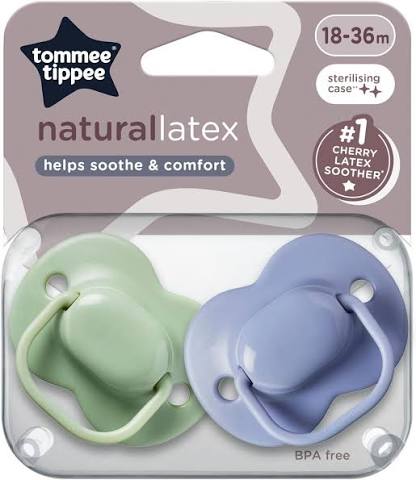 Tommee Tippee Cherry Latex Soother, 18-36m, 2 Pack, Steriliser Pod Included, 100% Natural Latex, Symmetrical Cherry-Shaped Teat for a Natural Latch, Curved Dummy Shield, BPA-Free.