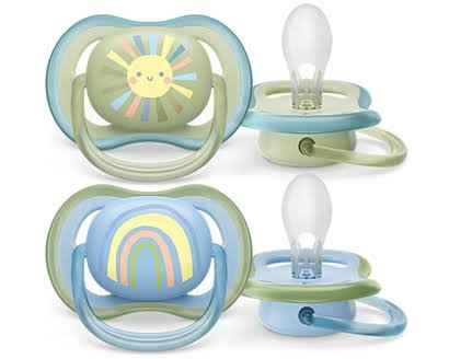 Philips Avent Ultra Air Soother - 2 x Light, Breathable Baby Soothers for Babies Aged 0‑6 Months, BPA-Free with Steriliser Carry Case (Model SCF085/58).