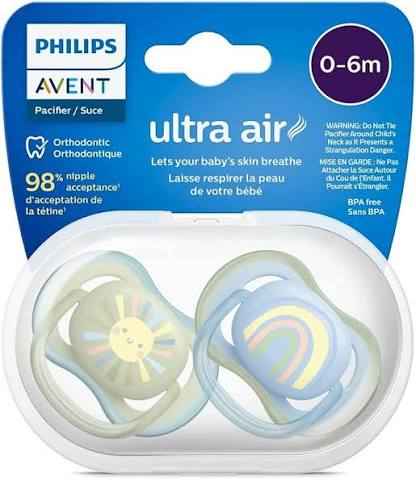 Philips Avent Ultra Air Soother - 2 x Light, Breathable Baby Soothers for Babies Aged 0‑6 Months, BPA-Free with Steriliser Carry Case (Model SCF085/58).