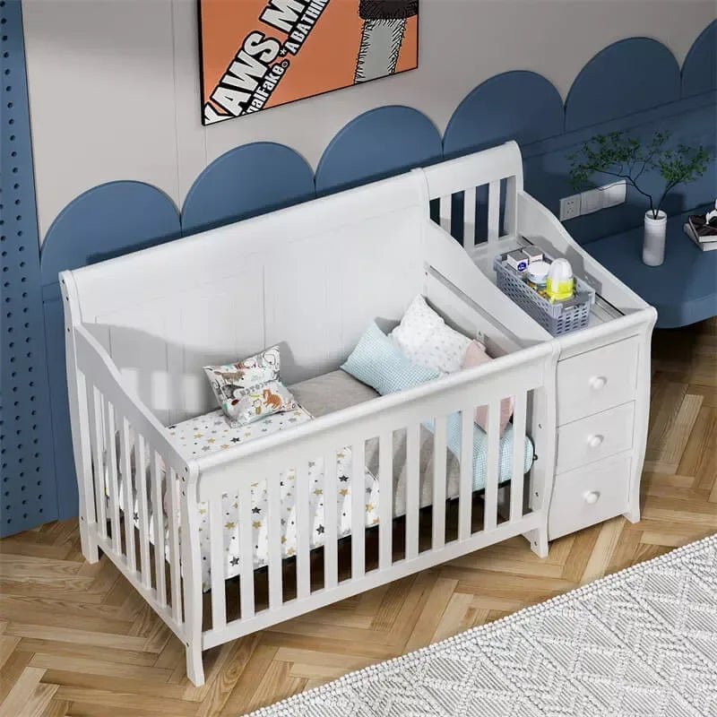 4 - in - 1 Convertible Baby Crib & Changer, Crib Changer With Drawers, Adjustable Mattress Height & Toddler Bed Conversion - Adenzo Comfies